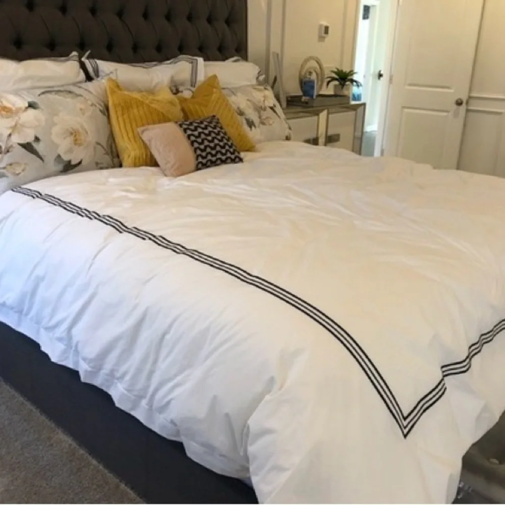 White Duvet Cover and Euro Shams with Black Stripe Accent - Home Bedding